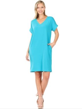 Zenana Turquoise‎ Pocket T-Shirt Dress | Soft Stretch Casual Lounge Dress